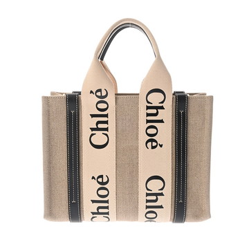 クロエ WOODY スモールトートバッグ ベージュ/ネイビー CHC22AS397 リネンキャンバス/カーフ レディース バッグ 【中古】【bag】