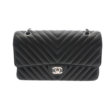 シャネル Vステッチ Wフラップ Wチェーンショルダー 25 ブラック A01112 キャビアスキン レディース バッグ 【中古】【bag】