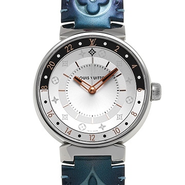 ルイ ヴィトン タンブール ムーン デュアルタイム MM ブラック&ホワイト QA105Z シルバー/ブラック メンズ 時計 【中古】【wristwatch】