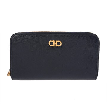 サルヴァトーレ フェラガモ ラウンドファスナー長財布 ネイビー レザー レディース 財布 【中古】【purse】