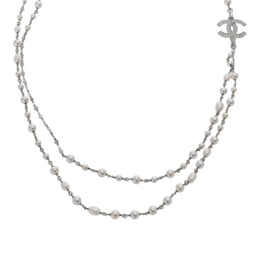 シャネル ロングネックレス シルバー/ホワイト メタル/ストラス/コスチュームパール レディース ジュエリー 【中古】【jewelry】