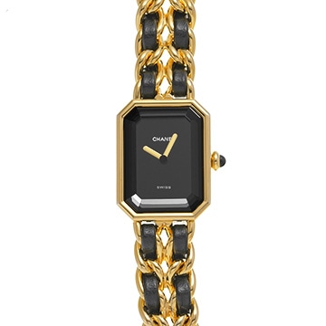 129【美品】CHANEL　プルミエールM 時計　黒文字盤×GPレザー　ゴールド 129【美品】CHANEL プルミエールM 時計 黒文字盤×GPレザー