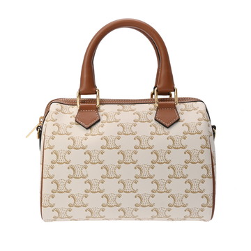 セリーヌ スモール ボストン ホワイト/タン 113772CAS.01BC トリオンフ キャンバス/カーフ レディース バッグ 【中古】【bag】