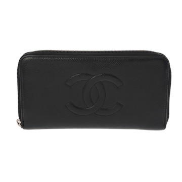 シャネル ラウンドファスナー長財布 ブラック A13228 キャビアスキン レディース 財布 【中古】【purse】