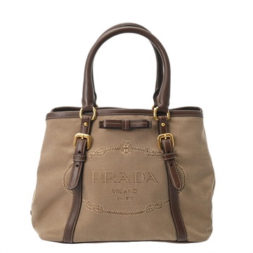 プラダ 2WAY トートバッグ ベージュ/ブラウン 1BA841 ロゴジャガード/レザー レディース バッグ 【中古】【bag】