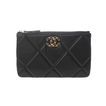 シャネル CHANEL19  スモール ポーチ ブラック シャイニーラムスキン レディース 【中古】【bag】