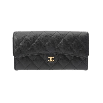 シャネル マトラッセ クラシックロング フラップウォレット ブラック AP0241 キャビアスキン レディース 財布 【中古】【purse】