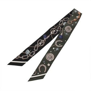 エルメス ツイリー C EST LA FETE カーキ/ブラック/マルチカラー 062743S シルク100％ レディース 【中古】【other】