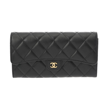 シャネル マトラッセ クラシックロング フラップウォレット ブラック AP0241 ラムスキン レディース 財布 【中古】【purse】