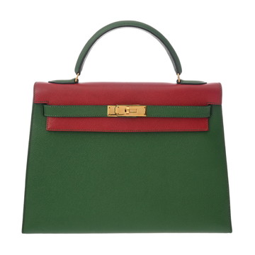 エルメス ケリー 32 外縫い ルージュヴィフ/ヴェール/ブルーインディゴ クシュベル レディース バッグ 【中古】【bag】