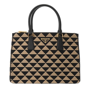 プラダ ガレリア ラージバッグ 2WAY ベージュ/ブラック 1BA274 トライアングルジャガードキャンバス/サフィアーノレザー レディース バッグ 【中古】【bag】