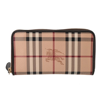 バーバリー ラウンドファスナー長財布 バーバリーチェック ベージュ 3855847 コーティングキャンバス レディース 財布 【中古】【purse】