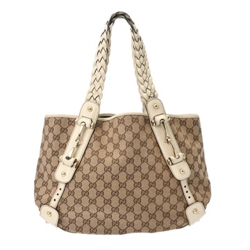 グッチ ベージュ/エボニー/ホワイト 162900 001013 GGキャンバス/レザー レディース バッグ 【中古】【bag】