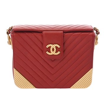 シャネル Vステッチ チェーンショルダー レッド カーフスキン レディース バッグ 【中古】【bag】
