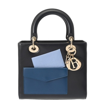 ディオール LADY DIOR ミディアム 2WAY ブラック/ブルー カーフスキン レディース バッグ 【中古】【bag】