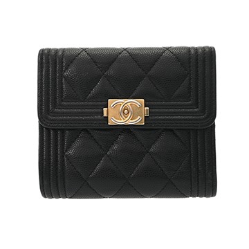 シャネル ボーイシャネル スモールフラップウォレット  ブラック A80734 キャビアスキン レディース 財布 【中古】【purse】