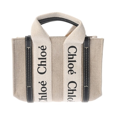 クロエ WOODY ミニトートバッグ ベージュ/ブラック CHC22AP237I26 リネンキャンバス/カーフ レディース バッグ 【中古】【bag】