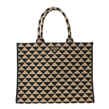 プラダ ラージ ハンドバッグ ベージュ/ブラック 1BA356 シンボルエンブロイダリー/ジャガードキャンバス レディース バッグ 【中古】【bag】