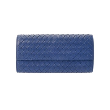 ボッテガ ヴェネタ イントレチャート 2つ折り長財布 ネイビー レザー メンズ 財布 【中古】【purse】