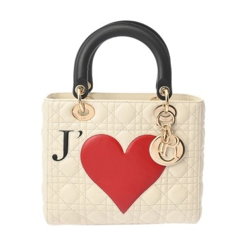 ディオール カナージュ LADY DIOR ミディアム JE T AIME アムールカプセルコレクション ホワイト/ブラック/レッド ラムスキン レディース バッグ 【中古】【bag】