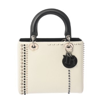 ディオール LADY DIOR ミディアム 2WAY ホワイト カーフスキン/ラインストーン レディース バッグ 【中古】【bag】