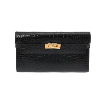 エルメス ケリーウォレット ロング ブラック アリゲーターリセ ユニセックス 財布 【中古】【purse】
