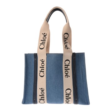 クロエ WOODY ミディアムトート ブルー/ネイビー デッドストックデニム/シャイニーカーフ レディース バッグ 【中古】【bag】
