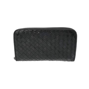 ボッテガ ヴェネタ イントレチャート ラウンドファスナー ブラック レザー ユニセックス 財布 【中古】【purse】