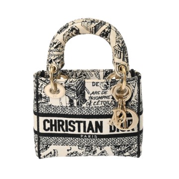ディオール LADY D-LITE ミニ Plan de PARIS ベージュ/ブラック M050000MO_M041 キャンバス レディース バッグ 【中古】【bag】