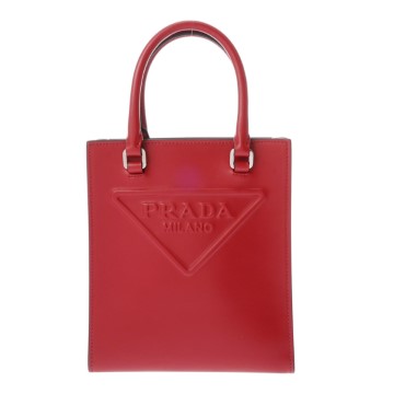 プラダ トライアングル ミニトートバッグ  レッド 1BA333 カーフ ユニセックス バッグ 【中古】【bag】