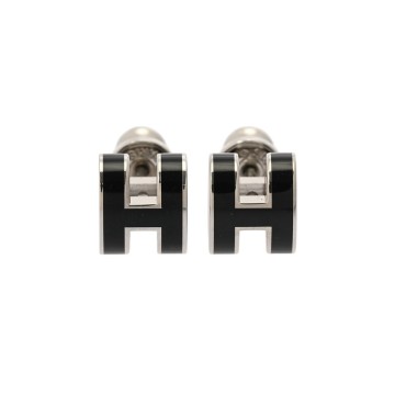 エルメス ミニ ポップH ピアス ブラック/シルバー金具 エナメル レディース ジュエリー 【未使用】【jewelry】