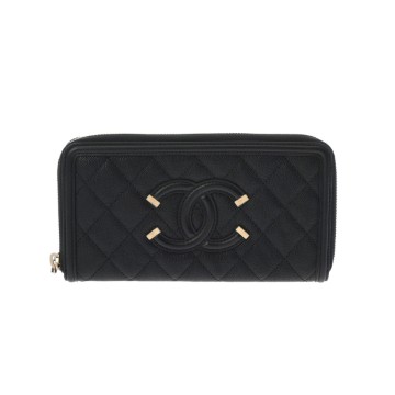シャネル CCフィリグリー  ロングジップウォレット ブラック A84449 キャビアスキン レディース 財布 【中古】【purse】