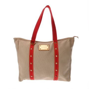 ルイ ヴィトン アンティグア カバ MM ベージュ/レッド M40035 キャンバス レディース バッグ 【中古】【bag】