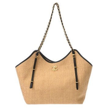 シャネル マキシショッピングバッグ ダークベージュ/ブラック AS5463 カーフ/ブレードラフィアエフェクトキャンバス レディース バッグ 【中古】【bag】