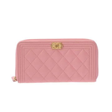 シャネル ボーイシャネル ロングジップウォレット ピンク A80288 ラムスキン レディース 財布 【中古】【purse】