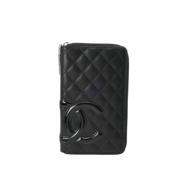 シャネル カンボンライン ラウンドファスナー ブラック/ブラックエナメル A26710 レザー レディース 財布 【中古】【purse】