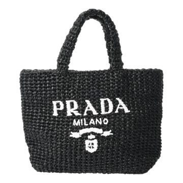 プラダ スモール クロシェット トートバッグ ブラック/ホワイト 1BG422 ラフィア レディース バッグ 【中古】【bag】