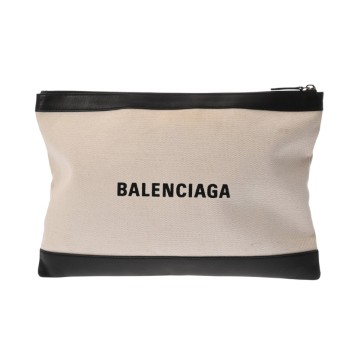 バレンシアガ ネイビークリップ L ホワイト/ブラック 373840 キャンバス/レザー メンズ バッグ 【中古】【bag】