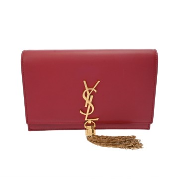 サンローラン ケイト チェーンショルダー フリンジ レッド レザー レディース バッグ 【中古】【bag】