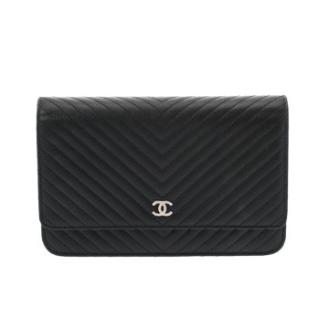 シャネル Vステッチ チェーンウォレット ブラック A33814 キャビアスキン レディース バッグ 【中古】【bag】