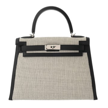 エルメス ケリー 28 外縫い ホワイト/ブラック トワルキャドリーユ/ヴォ―スイフト レディース バッグ 【中古】【bag】