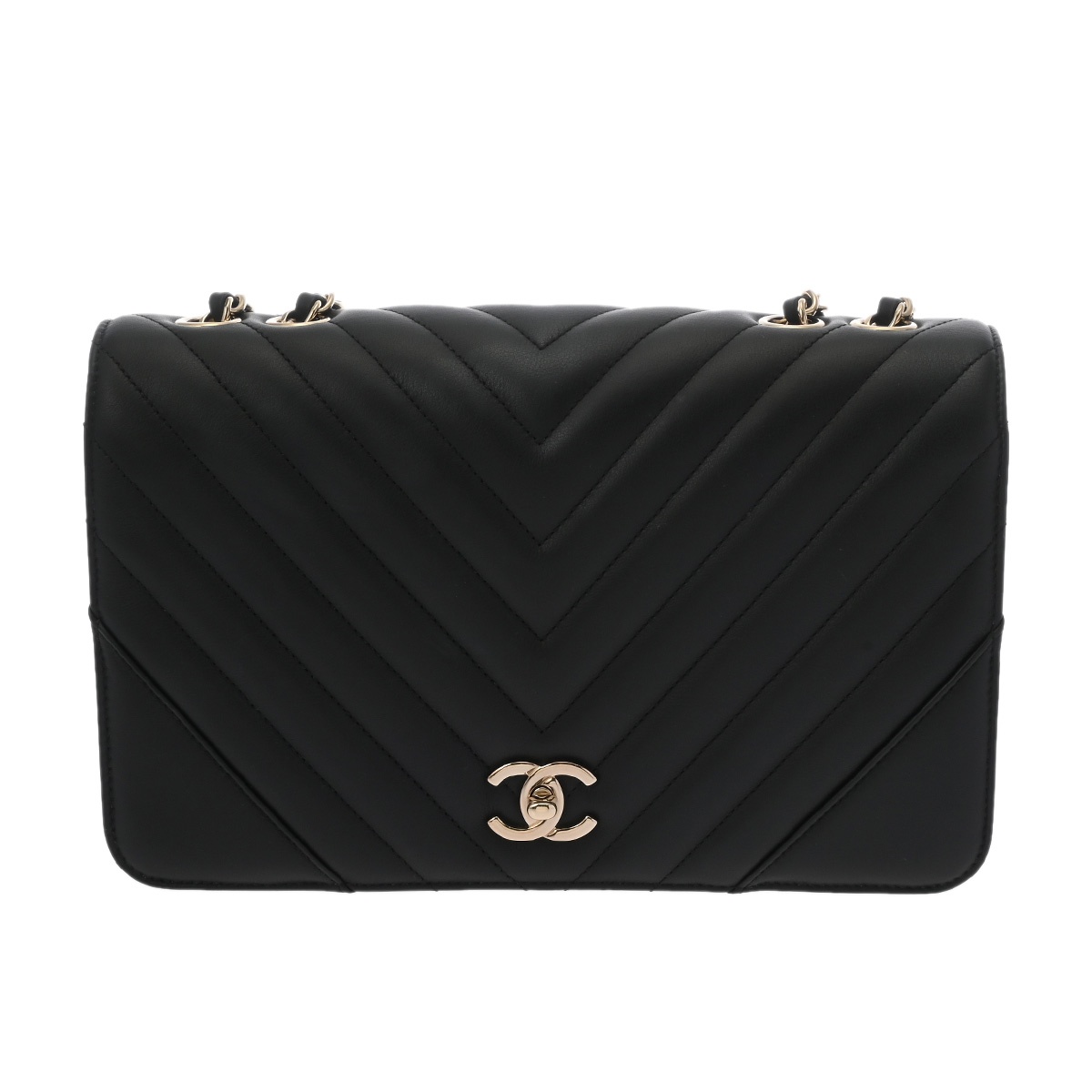 シャネル Vステッチ チェーンショルダー ブラック ラムスキン レディース バッグ 【中古】【bag】