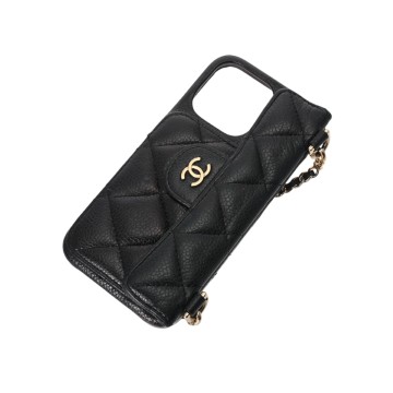 シャネル iPhoneケース チェーンショルダー ブラック/ゴールド金具 グレインドカーフスキン レディース 【中古】【other】
