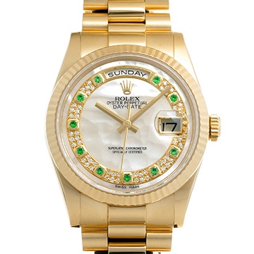 ロレックス デイデイト 118238NME ホワイトシェル/ミリヤードダイヤモンド/エメラルド メンズ 時計 【中古】【wristwatch】