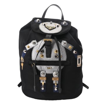 プラダ バックパック ブラック/シルバー/ブルー 1BZ032 ナイロン/レザー/サフィアーノレザー ユニセックス バッグ 【中古】【bag】