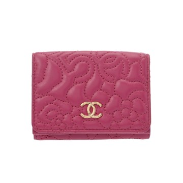 シャネル カメリア スモールフラップウォレット カメリア ピンク A70615 ラムスキン レディース 財布 【中古】【purse】