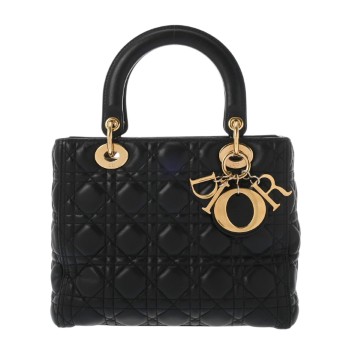 ディオール LADY DIOR ミディアムバッグ ブラック M0565ONGE_M900 ラムスキン レディース バッグ 【中古】【bag】