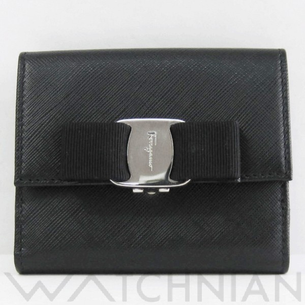 しろくまさん✿サルバトーレフェラガモカーフ型押し ヴァラ長財布美品✿ ヴァラ 両面ヴァラ型押しカーフ黒 両面財布 黒/シルバー金具 型押し